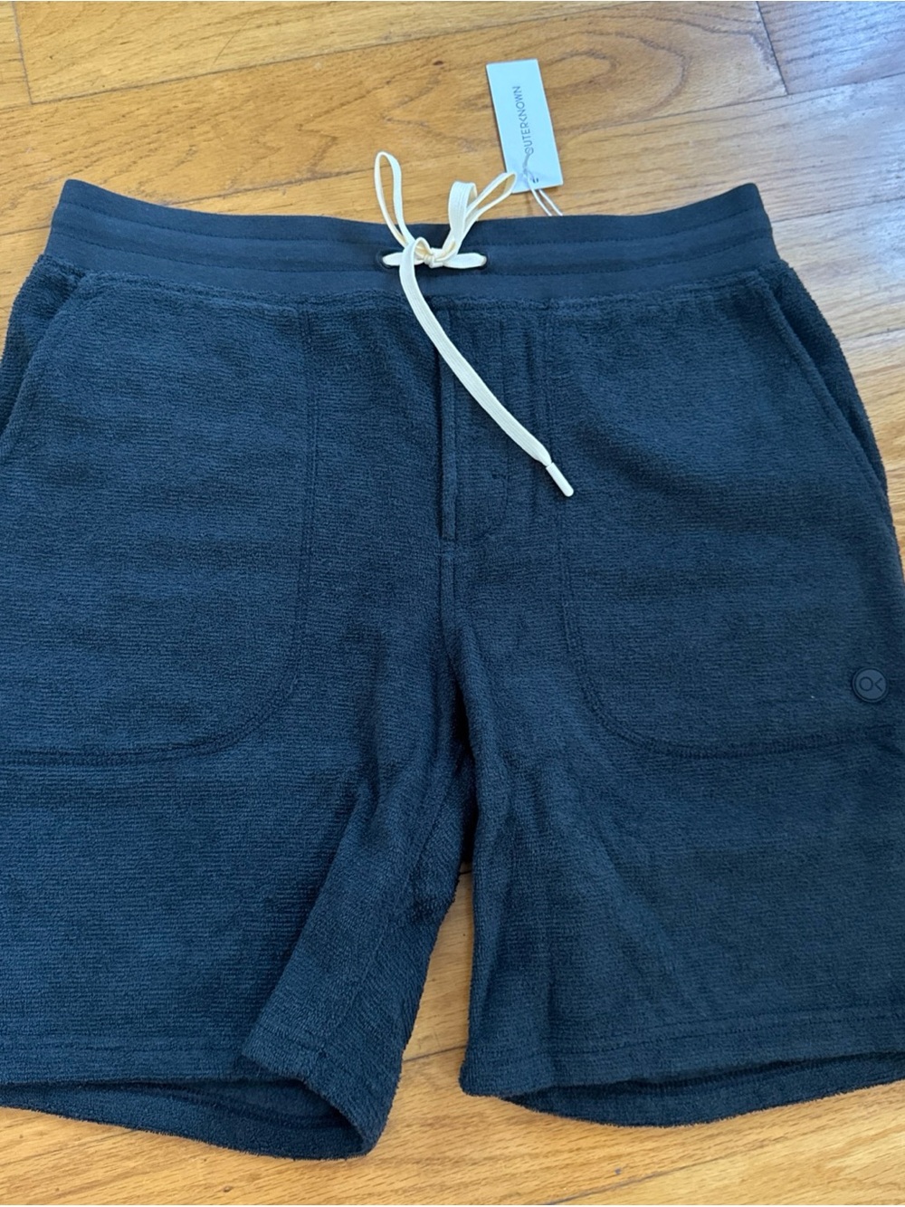 Outerknown Black Terry Athletic Drawstring Shorts with Cream Tie